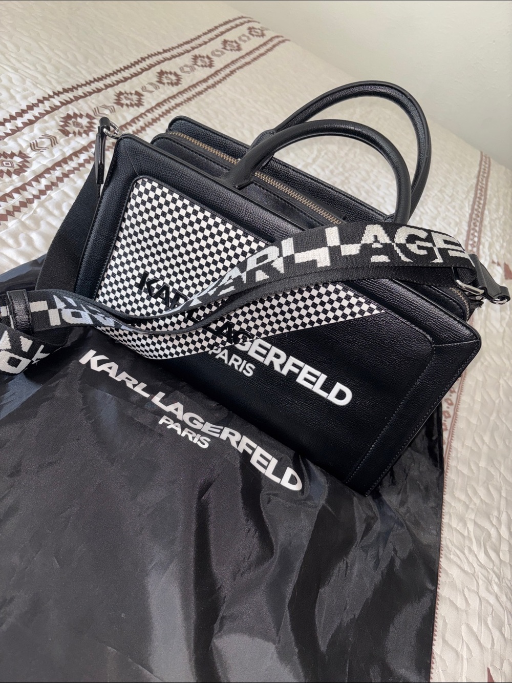 Karl Lagerfeld Black & White Checker Logo Satchel with Branded Strap